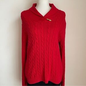 Lauren Ralph Lauren Red Cable Knit Sweater Medium Shawl Collar Preppy Old Money